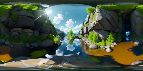 Ultra HD VR360 scenery, Norwegian mountains, lush greenery, dancing river reflections. Realistic digital painting style, attention to fine details, a masterpiece of landscape art.