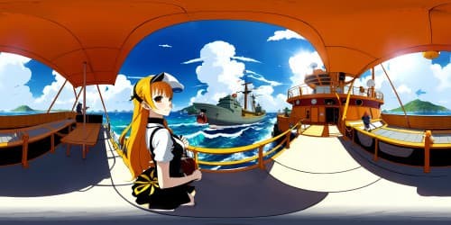 One piece character adult Nami in LONG ORANGE hair. dark brown eyes.  standing on a big ship can see the front face. smiling. BACKGROUND IS THE OCEAN