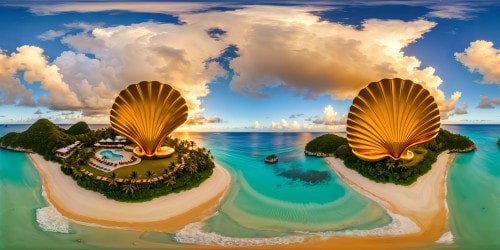 A flawless, high-resolution masterpiece of a tropical beach oasis with turquoise waters lapping against golden shores, swaying palm trees, a whimsical beachside bar shaped like a giant seashell, and a unique cow sculpture gently grazing by the sea.