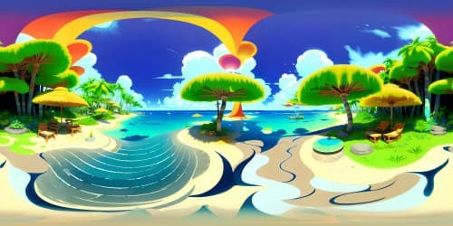 Masterpiece, VR360, ultra high-res, tranquil Asian beach, scattered bamboo parasols, elaborate sand formations, muted pastel palette. Prominent VR360 panorama, extending horizon. Executed in watercolor-style, refined textures, scattering light.