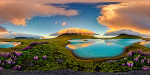 A flawless masterpiece of an ultra-high-resolution Icelandic summer landscape, capturing the serene quiet of a foggy morning with crisp reflections in opaque bright aqua hot springs ponds amidst vast tundra and lupine fields, all under a stunning sunrise that illuminates the distant highland mountains on the open horizon.