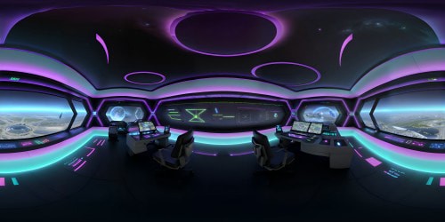 VR360 view, ultra high-res masterpiece, center of Starship Enterprise bridge, hyper-futuristic control panels. Plexus of neon light pathways, wide panoramic viewport, distant galaxies, radiant stars. VR360, Starfleet insignia emblazoned walls, gleaming metallic surfaces. Picasso-like cubist style, sharp angles, interplay of light and shadow.