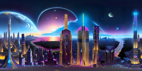 Masterpiece quality VR360 cityscape, extravagant architecture, reflective towering skyscrapers. Neon detailing, plush night sky dotted with galaxies overhead in hyper-realistic style. Ultra HD VR360, intricate urbanity, shimmering skyline panorama.