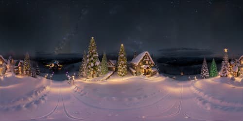 Masterpiece quality, ultra high resolution, VR360 nightscape of hillside. Vivacious multi colored Christmas lights, red, blue, green, orange, purple, animating evergreens blanketed in snow. Pixar-style lighting effects, bold festive colors. VR360 view, sparkling snowy panorama.