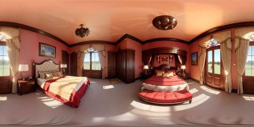 High-definition 3D bedroom, VR360 approach. King-size bed with intricate headboard, plush velvet covers. Grand oak wardrobe, intricate carvings. Ceiling-to-floor windows, sheer curtains, starlit sky view, VR360 panorama. Masterpiece quality, ultra-high resolution. Art nouveau inspired, Pixar-style finish.