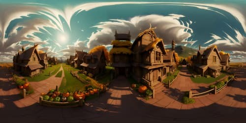 corn field at night with autumn leaves, pumpkins, scarecrows viewed from the sky