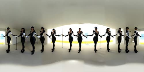 four black women wearing white high hip leotards with thigh high white boots. one of them is carrying a large mace. the mace is golden with energy flowing around it.the women are african american. 