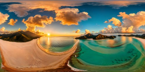 A pristine, flawless beach under a golden sunset, crystal-clear turquoise waters gently lapping the sugary shore, intricate seashells scattered like treasures, captured in museum-quality ultra high resolution.