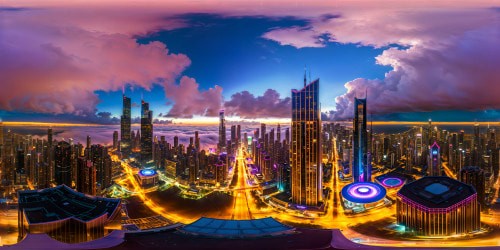 A flawless ultra-high-resolution depiction of Cybercity's cyberpunk horizon, observed from a rooftop vantage, showcasing vibrant neon luminance, colossal futuristic towers, and bustling thoroughfares alive with energy, an unmatched visual marvel.