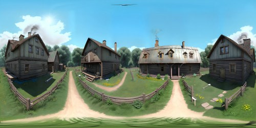 WWII homestead, rustic charm, vintage aesthetic, worn picket fences. Weathered, timeworn house, smoke curling from chimney. War-time paraphernalia, hanging laundry, vegetable garden. VR360 nostalgic palette, sepia, faded earth tones. VR360 digital painting style, immaculate detail, hyperrealism.