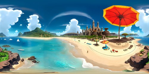 VR360 beach scene, sand like powdered sugar, azure water, three comical rotund figures in vibrant swim trunks under striped umbrellas. Ultra HD, refined detail, beach ball bounced lazily between the trio, VR360 masterpiece of playful, casual beach ambience.