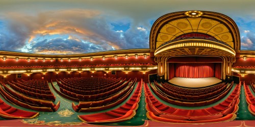 In the ornate main screening room of a classic grand movie theatre like Amsterdam Tuschinski, the view from the middle seat reveals a masterpiece of elegant decor, boasting high-quality details in ultra-high resolution.