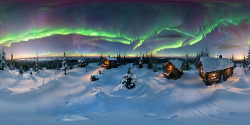 VR360 masterpiece ultra high-res, ultrarealistic forest valley panorama. Sparse, snow-dusted cabins, mountain overlook, starry sky with Aurora's dance. Dusty dusk atmosphere, remote wilderness. VR360 soft light illumination, fine detailing