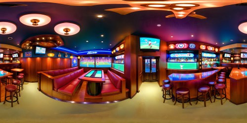 A state-of-the-art sports bar in the heart of the United States, boasting flawless 8K displays, luxurious leather seating, gleaming mahogany bar, and dazzling neon lights, capturing every thrilling moment in ultra-high resolution detail.