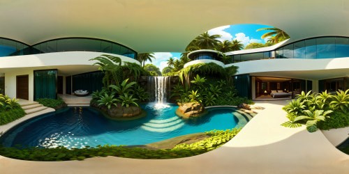 A flawlessly designed futuristic living space within a modern mansion, boasting white walls adorned with lush green plants, expansive windows offering a serene water garden with cascading waterfalls, all under a vibrant aqua blue sky overlooking a tropical beach. Every detail intricately perfect, captured in ultra-high resolution, akin to a living masterpiece.