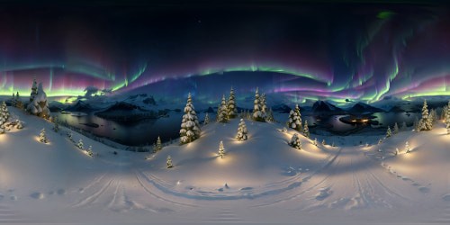 Skyrim-inspired VR360 panorama: Majestic High Hrothgar backdrop, mystical Aurora Borealis, snow-topped mountain range. Intricate, high-resolution detail: towering pine clusters, scattered Thistle shrubs. Elegant chiaroscuro lighting, photorealistic textures, VR360 immersive. Vibrant, saturated hues, masterpiece-level digital artistry.