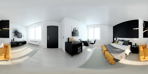 VR360 scene: White-walled apartment, medium-sized, minimalist modern decor. Ultra high-resolution, high-quality textures, VR360 masterpiece. Play of shadows, crisp lines, soft hues. Sparse, sleek furniture - uncluttered design. Artistic view of simplicity, the epitome of modern living in VR360 detail. Architectural precision combined with digital painting finesse.