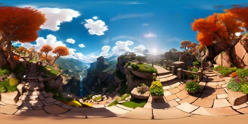 Masterpiece quality, ultra-high-resolution, VR360 perspective, breathtaking mountain range, cascading waterfall, vibrant flora, ethereal clouds, dazzling sunset. Pixar-style rendering, soft edges, vivid colors, unmatched detail, immersive VR360 viewing.