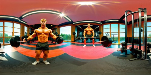 An impeccably rendered gym environment, featuring a towering blond bodybuilder effortlessly hoisting massive weights, bathed in the vibrant glow of stadium lights, reflecting off gleaming chrome gym equipment and pristine marble flooring, while dynamic beams of light infuse the scene with energy and power.