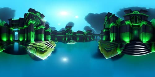 Lovecraftian massive sunken temple complex made of green marble, dark underwater scene, murky lighting