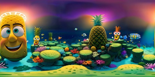 VR360 panorama, undersea Bikini Bottom, pineapple house centerpiece, Squidward's Easter Island head nearby, luminescent kelp forest. Spongebob-inspired palette, vibrant colors, soft-edge digital painting. VR360 immersion, stunning 8K resolution, grand scale of sea floor, whimsical marine life backdrop.