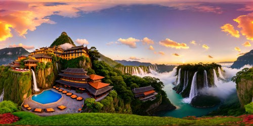 Ideal prompt: a breathtaking fantasy village set in rolling hills, cascading waterfalls, vibrant market stalls, pastel sky, lush hanging gardens, intricate pagoda towers, and twisting cobblestone streets, a digital masterpiece captured in ultra high resolution, the pinnacle of unparalleled quality.