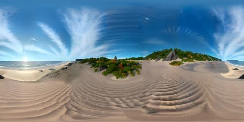 VR360 beachfront panorama, ultra high-res sand textures, scattered pebbles, subtle shoreline curve. Masterpiece-quality VR360 view, broad horizon where cerulean sea meets azure sky. Frothy wave crests, true-to-life style, impeccable realism. superlative graphics quality, naturalistic style.