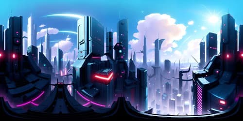 cyberpunk city with flying cars, tall buildings, and red and blue color. futuristic