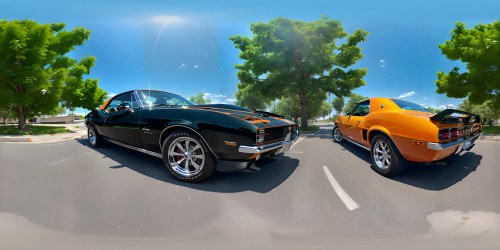 1968 Orange Camaro with black racing stripes next to a 1980 orange Corvette