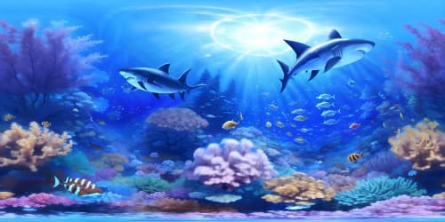 under the ocean, blue, fish, reef, coreals, shark