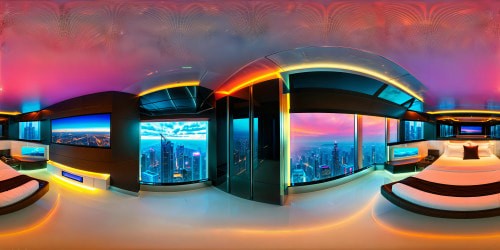 An immaculate futuristic cyberpunk bedroom, aglow with neon accents, sleek chrome surfaces, holographic displays, and embedded LED lights, offering sprawling cityscape views through towering floor-to-ceiling windows, exuding a vibrant cyber energy in perfect ultra HD clarity.