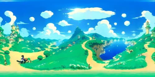 Ultra high-res VR360, Mario World masterpiece, vivid color vibrancy, renderings of floating platforms, iconic bricks, green pipes, cloud-studded blue skies, pixelated charm, playful aesthetics. VR360 of grand, expansive, Nintendo-inspired landscapes.