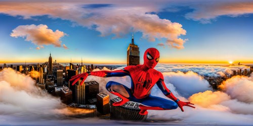 Swinging through a flawlessly detailed, ultra high-resolution cityscape at golden hour, Spider-Man's iconic red and blue suit glistens under the cinematic sunset, showcasing every minute detail from web strands to urban textures, a breathtaking masterpiece in ultra high resolution.