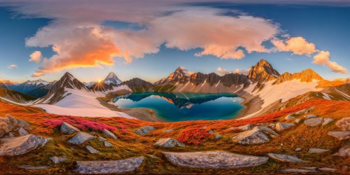 Majestic mountain range at golden hour, reflecting in a crystal-clear alpine lake under a sky ablaze with hues of pink and orange, snow-capped peaks glowing in the ethereal light, a flawless, ultra-high resolution vision of heavenly perfection.