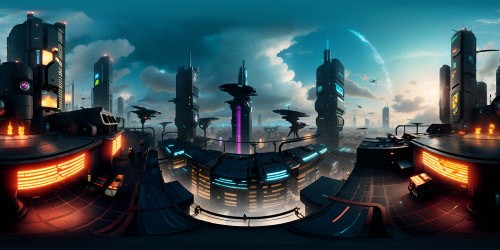 Rooftop looking over a gritty futuristic cyberpunk city