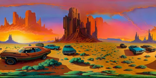 Vast post-apocalyptic desert landscape with towering ruins of old world buildings, decaying billboards, rusted cars, a distant radioactive storm brewing, glowing fallout haze under a blood-red sky, high resolution, apocalyptic artistry.