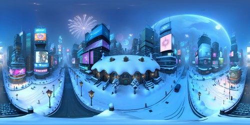 Ultra-high res, exquisite detailing, Times Square, true-to-life snowfall, bright neon billboards, snow-veiled, cobblestone streets. VR360 view, snow-kissed skyscrapers, VR360 immersive winter wonderland, high-quality masterpiece, digital realism.