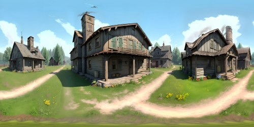 VR360 WWII homestead, rustic charm, ultra-high-res worn picket fences. Weathered house, smoke curling chimney, war paraphernalia. Vintage aesthetic, hanging laundry, vegetable garden. VR360 nostalgic sepia, faded earth tones. Digital painting style, hyperrealism, perfect detail. Masterpiece quality, timeworn allure.