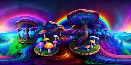 Ultra-high resolution VR360, Masterpiece quality, Shimmering rainbow rivers, Enchanting mushroom forest, VR360. Dreamlike fantasy art style, Color-soaked palette, Exquisite, intricate detailing, Delicate blending of far-reaching skybox and intriguing, low-lying foreground.