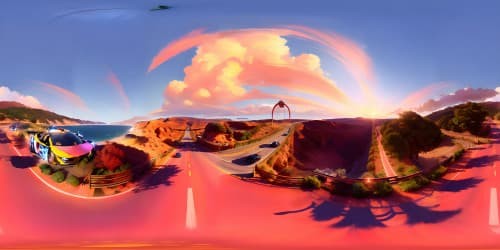 Cars and police cars motorcycles on the seaside highway (orange and pink sky)