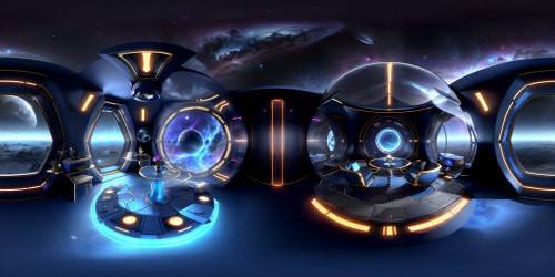 Ultra-high-res TARDIS, masterpiece rendition, VR360. Blue shell, glimmering, Gallifreyan inscriptions, radiant console, vibrant crystal pillars. Command center focus, VR360 sphere, outer universe panorama. Otherworldly nebulae, untouched galaxies, surreal art style, ethereal allure, captivating, dreamlike.