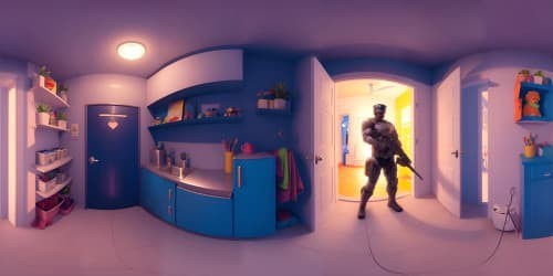 Realistic 3D photography of a giant muscle soldier in his house