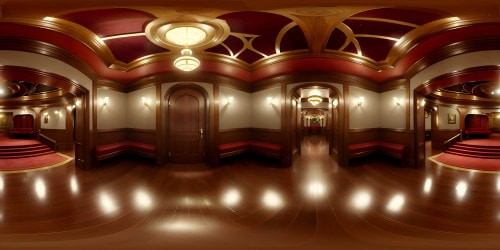 Nashville's Grand Old Opry interior, high res, VR360 immersive view. Luxurious red velvet seats, daunting stage, ornate chandeliers. Sparkling reflections, intricate wood paneling, gentle luminescence. Masterpiece craftsmanship, VR360 perspective. Ultra high quality, artistically rendered in photorealistic style.