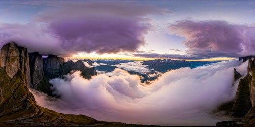 Majestic valley enveloped in a deep dark crystal purple hue, ethereal fog swirling around towering peaks and jagged cliffs in stunning ultra high resolution, a flawless masterpiece of mysterious beauty.