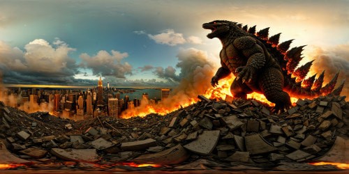 City skyline reduced to rubble, colossal Godzilla towering amidst the chaos, fiery destruction, glowing eyes piercing the night, ultra high-res detailed scales catching moonlight, creating a cinematic masterpiece of epic proportions.