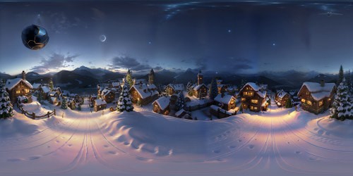 VR360 high-res masterpiece, alpine winter panorama, starlit sky above. Quaint, Pixar-style village nestled beneath, adorned Christmas tree centerpiece, dreamy luminescence, fairytale charm radiating. Ultra-high res VR360, breathtaking winter wonderland, timeless yuletide enchantment, luminescent charm. Charming village, star-kissed alpine vistas, festive centrepiece.