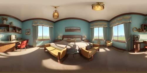 Ultra-high resolution, photorealistic VR360, 1970s vintage master bedrooms, authentic retro decor, ornate patterned wallpaper, shag carpets, lava lamps, rotary dial telephones, teak furniture. Style: hyperrealistic, period-specific detailed texture, immersive nostalgia.