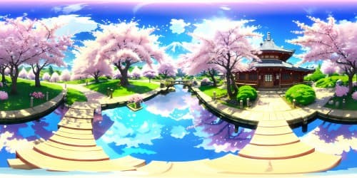 Masterpiece quality, Mount Fuji daylight panorama, ultra high-res, cherry blossoms in full bloom, hyperrealistic style. Glistening snowcap, undulating clouds, vibrant sakura foreground, breathtaking VR360 vista. Diverse pastel palette, daylight brilliance, pink-white cherry-tree contrasts, serene VR360 sky canvas.