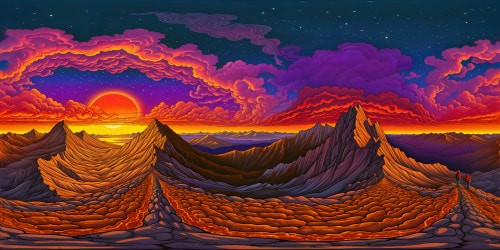 a range of barren, granite grey mountains at night, with the milky way above. sky is trippy dark red. light purple clouds emitting a darker purple glow are disperesd throughout. zravens with yellow eyes surround viewer on ground. the moon shines amber red. the world past the mountains is glowing red in the distance.