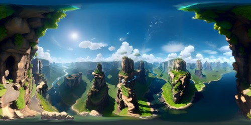 Emerald green valleys, towering crystal formations, floating landmasses, scenic waterfalls, VR360 view. FFXIII Gran Pulse, high-res, breathtaking detail, polished graphics, realistic textures. Fantastical architecture, colossal rock archways. Wide, open skies, floating islands, vibrant sunset hues, cloud cover, VR360 panorama. Artistic, masterpiece, enchanting, hyperrealism.